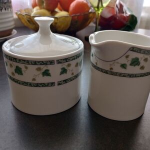 Sango Cream and Green Botanical Sugar and Creamer Set